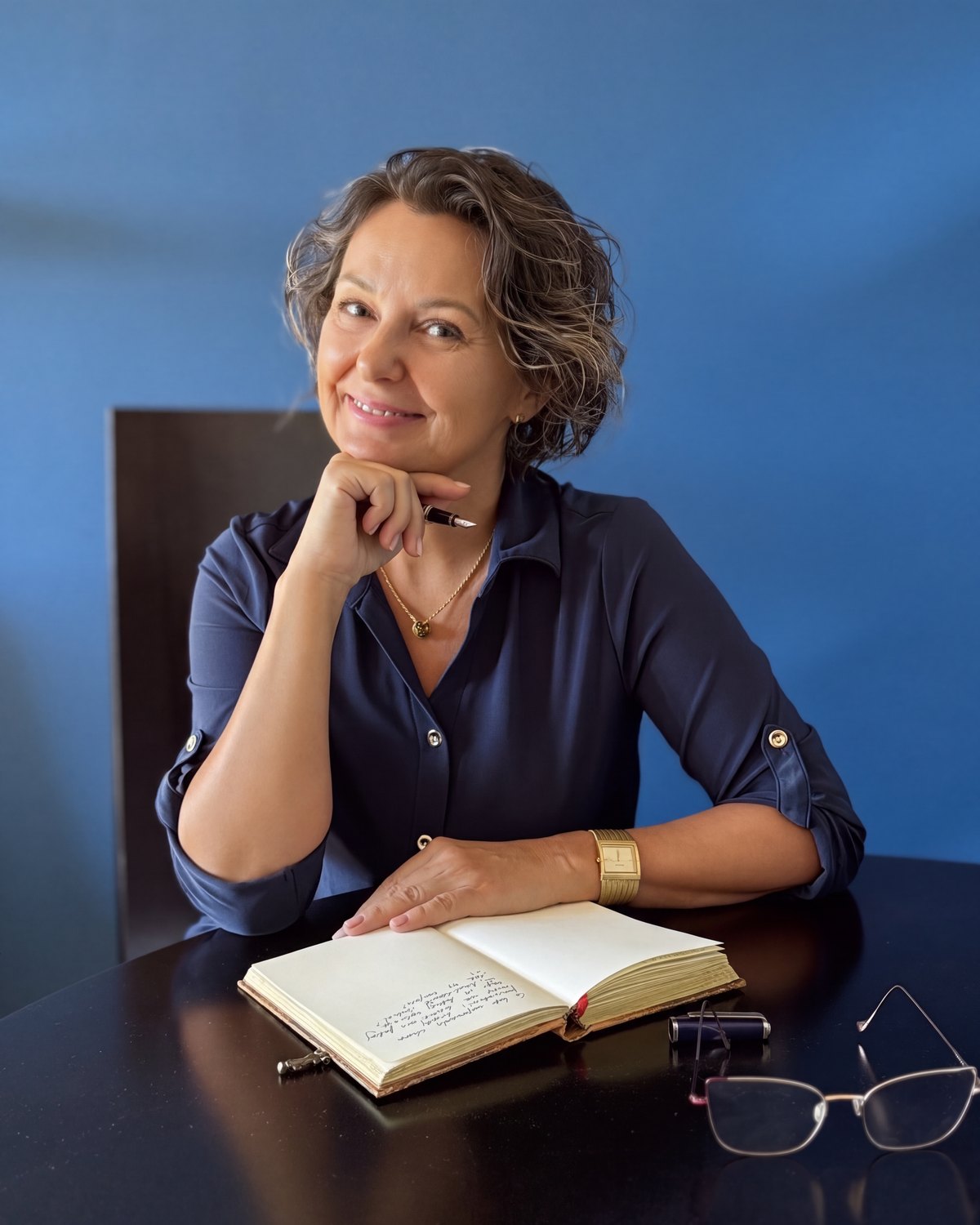 Joanna Gruszeczka przy stole z notesem
